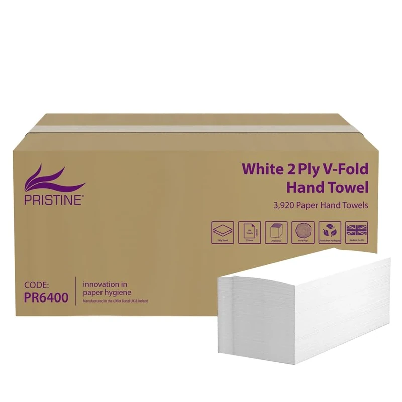 Pristine White V-Fold Paper Hand Towels, 2-Ply, Soft and Absorbent, Fast-Dry, Made from Quality Pure Pulp Fibres, Fits Standard Dispensers, FSC Certified (3,920 Sheets)