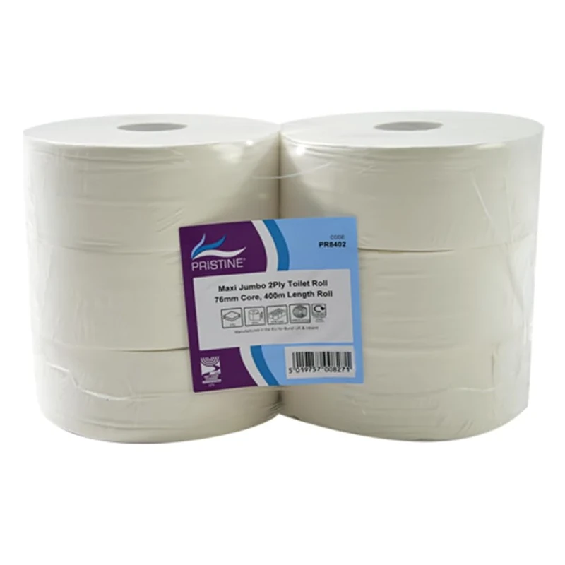 Pristine Maxi Jumbo White Toilet Tissue, 2-Ply, 76mm Core, 400m Length, Soft to Touch 100 Percent Recycled Pulp Tissue, CHSA and FSC Accredited, UK Made (Case of 6 Rolls)