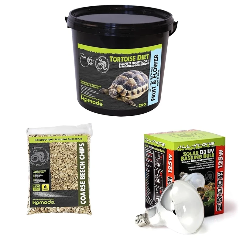 Komodo Tortoise Diet Fruit & Flower 2kg + Beech Chips 6L + 125W Solar D3 UV Basking Bulb for Desert & Tropical Reptiles