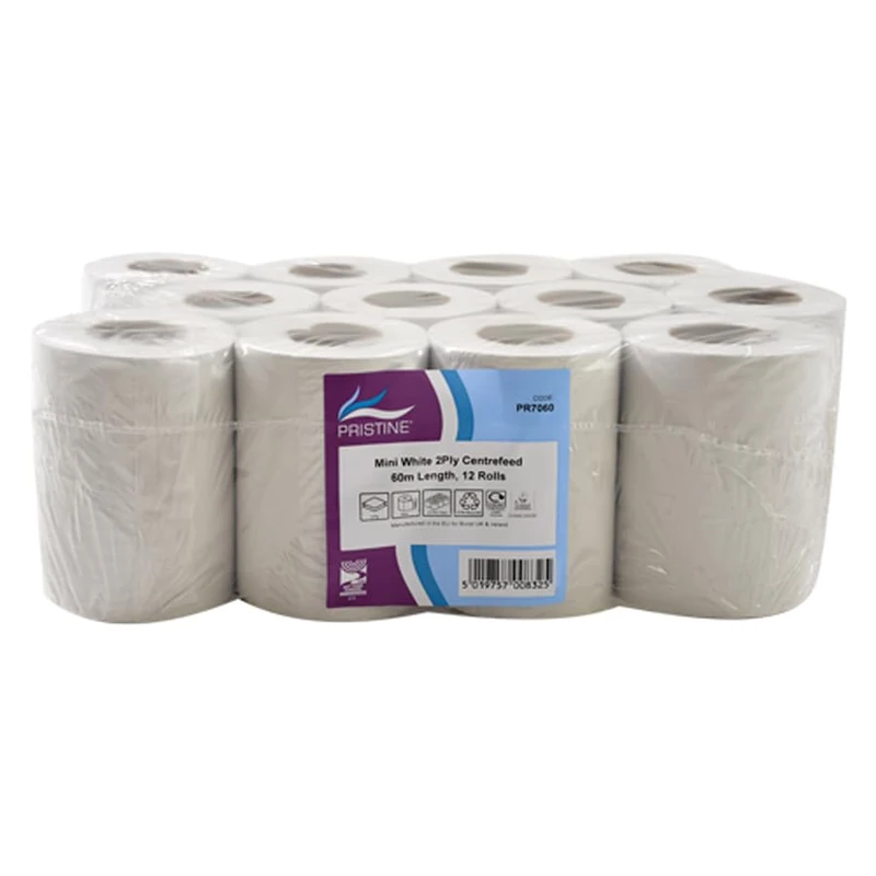 Pristine Mini White 2-Ply Centrefeed Roll 60m - Case of 12