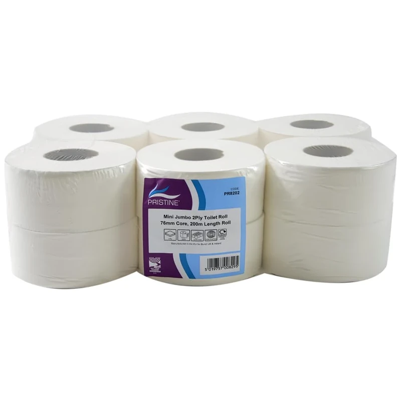 Pristine Mini Jumbo White Toilet Tissue, 2-Ply, 76mm Core, 200m Length, Soft to Touch 100 Percent Recycled Pulp Tissue, CHSA and FSC Accredited, UK Made (Case of 12 Rolls)