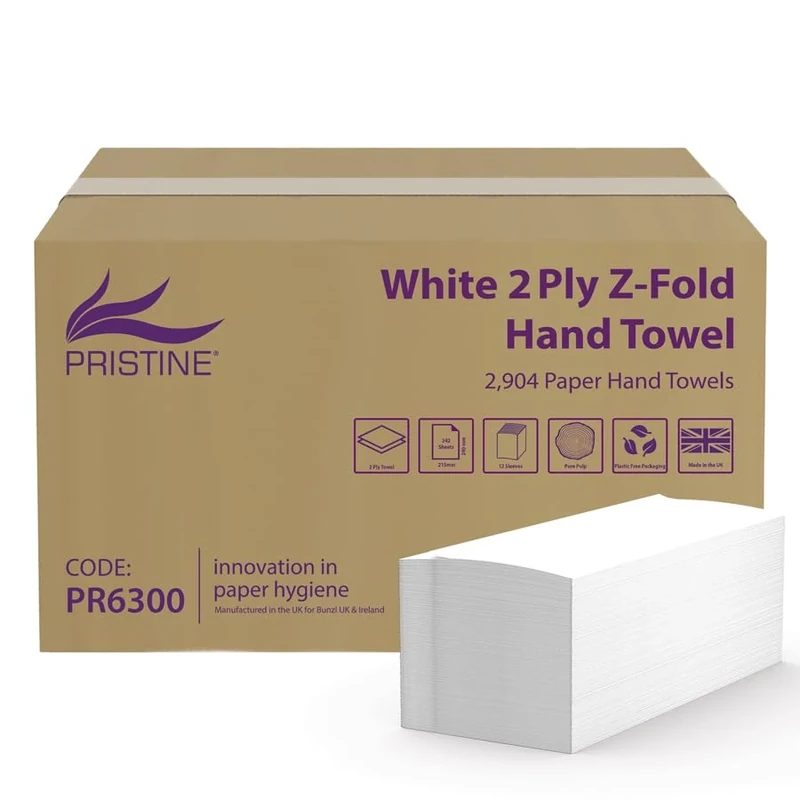 Pristine White Z-Fold Paper Hand Towels, 2-Ply, Soft Touch, Absorbent, Fast-Dry, Made from Quality Pure Pulp Fibres, Fits Standard Dispensers, FSC Certified (2,970 Sheets)