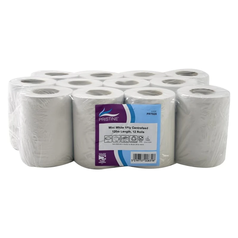 Pristine Mini White 1-Ply Centrefeed Roll 120m, 100 Percent Recycled Fibres, Suitable for Light-Duty Wiping and Spillages, CHSA Accredited, UK Made (Case of 12)