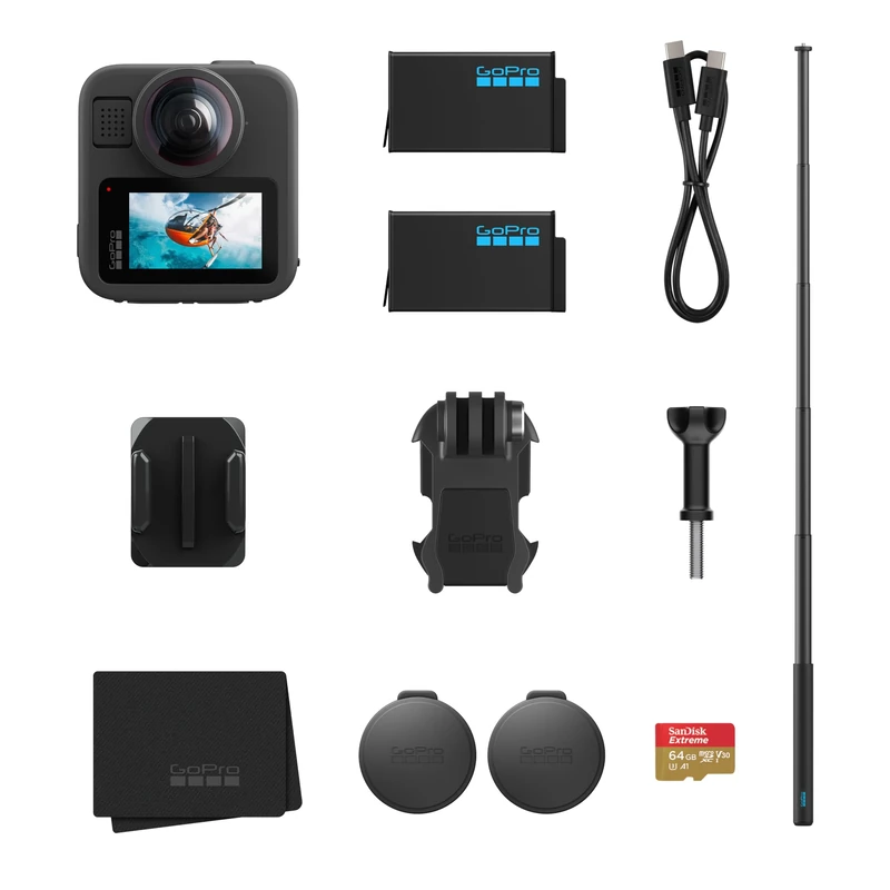 GoPro MAX2 + Accessory Bundle - Includes 4ft (1.2m) Extension Pole, 2 1960mAh Enduro Batteries, 64GB SanDisk microSD Card