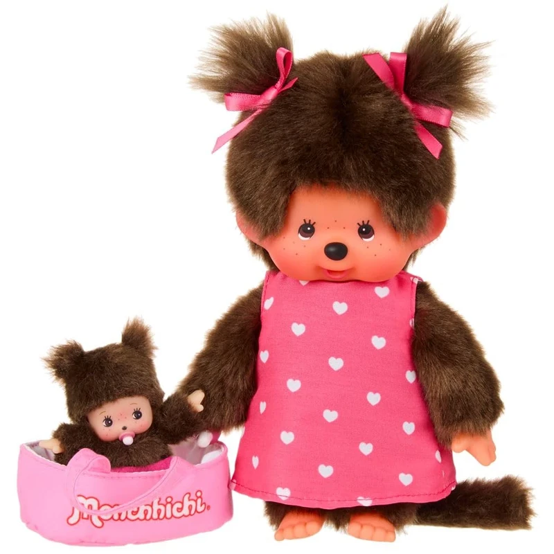 Sekiguchi 204076 Original Monchhichi Girl with Pink Heart Dress and Bebichhichi in Cot, Approx. 20 cm Large Cuddly Toy Made of Brown Plush