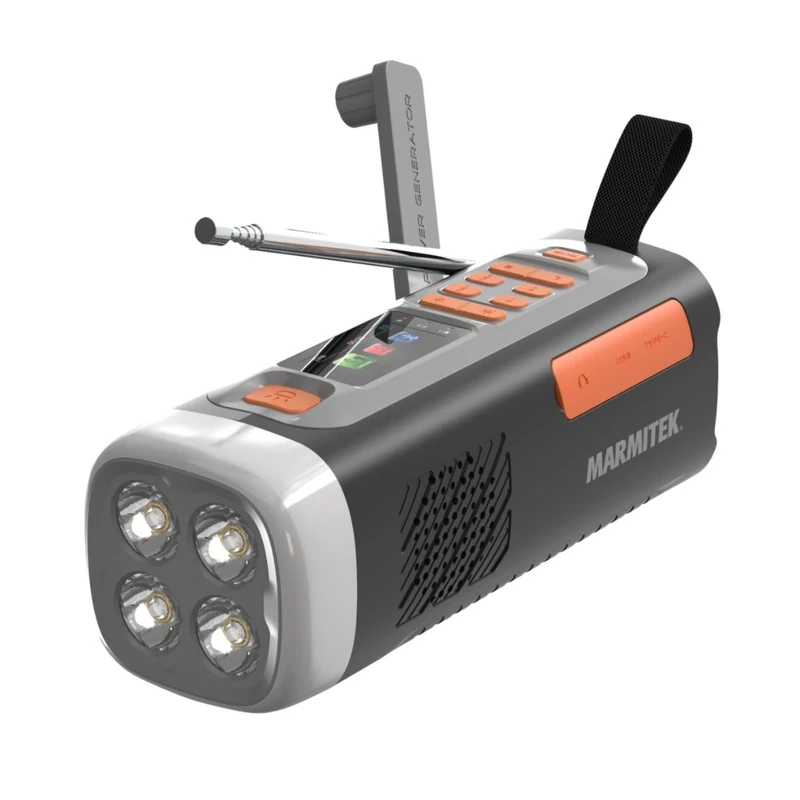 Emergency Crank Radio Marmitek RESQ 200 – Solar Hand Crank Weatherproof with Colour LCD Display & 360° LED Flashlight – 4500 mAh Powerbank – Waterproof & Rugged – SOS Alarm – Survival & Blackout Radio