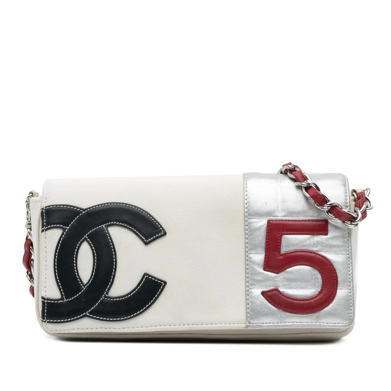Pre-Loved CC Canvas And Metallic Lambskin No. 5 Chain Flap Shoulder Bag