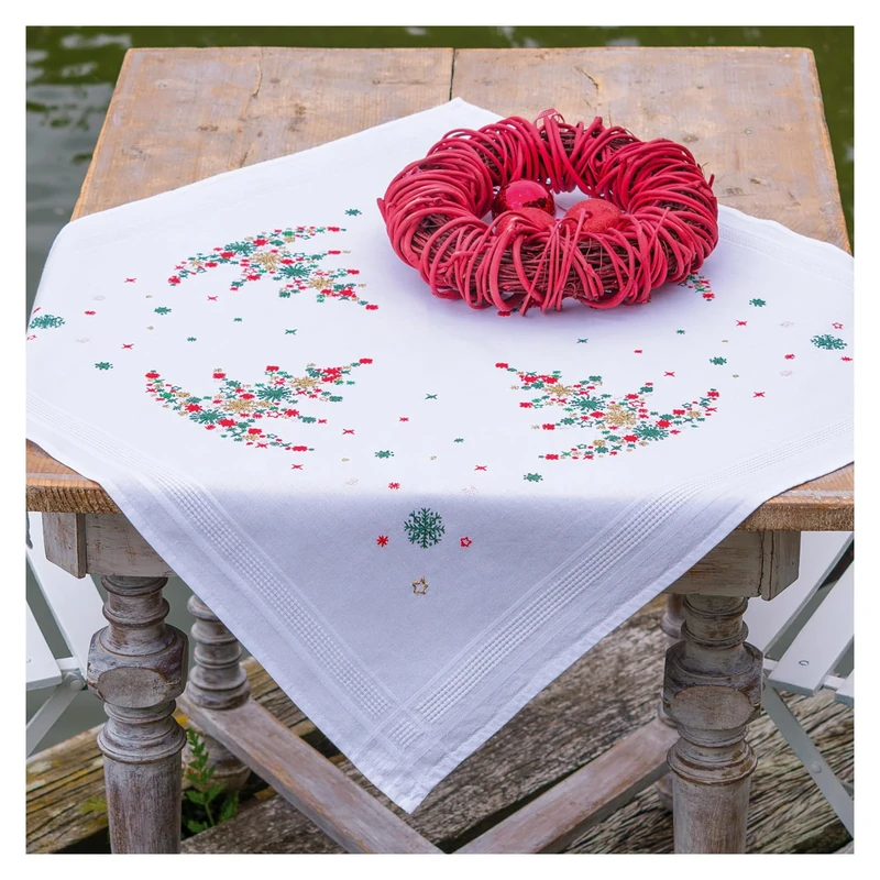 VERVACO Embroidery Cross Stitch Kit Pre-Printed Tablecloths Christmas Tree Table Linen Set DIY Creative Approx. 80 x 80 cm Kit Hobby Creative Adults Home Decor Cross Stitch Embroidery