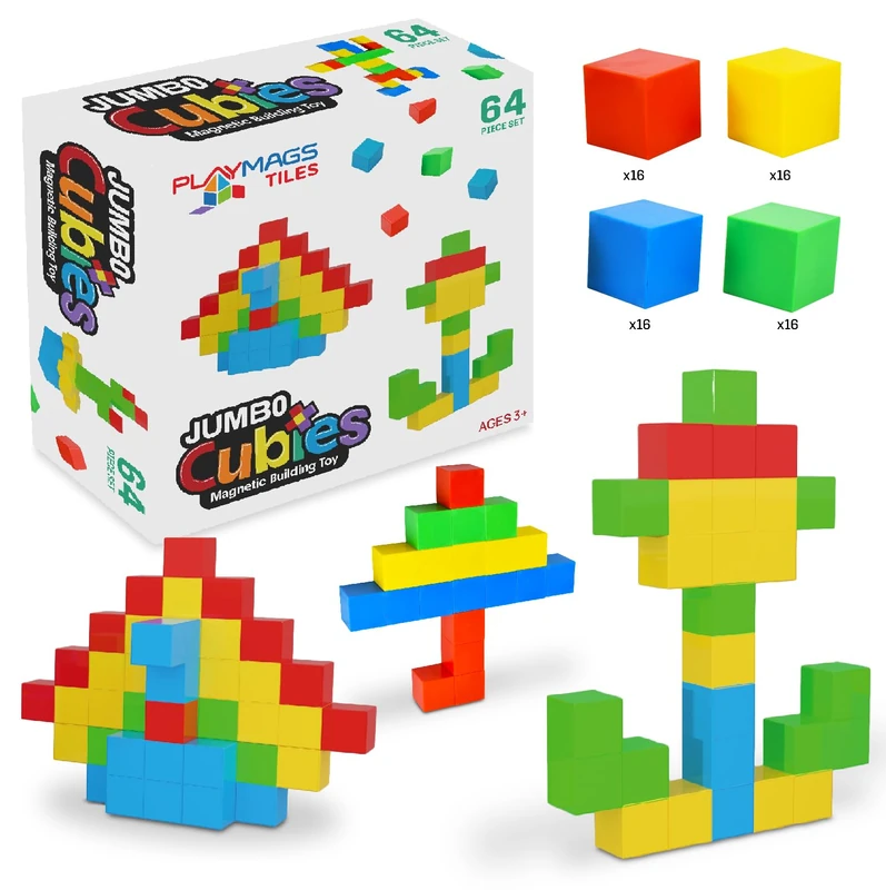 Playmags Jumbo Magnetic Cubes 64-Piece Set – Large 5.08 cm Blocks for Younger Kids – Durable Magnetic Building Blocks, Sensory Rattling Cubes - STEM Learning Toy for Motor Skills & Colour Discovery