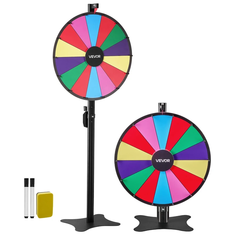 VEVOR 610 mm Spinning Prize Wheel, 14 Slots Spinning Wheel with Stand, Adjustable Height Win Fortune Roulette with a Dry Erase and 2 Markers, 6 Colors, Easy Assembly, for Party Pub Trade Show Carnival