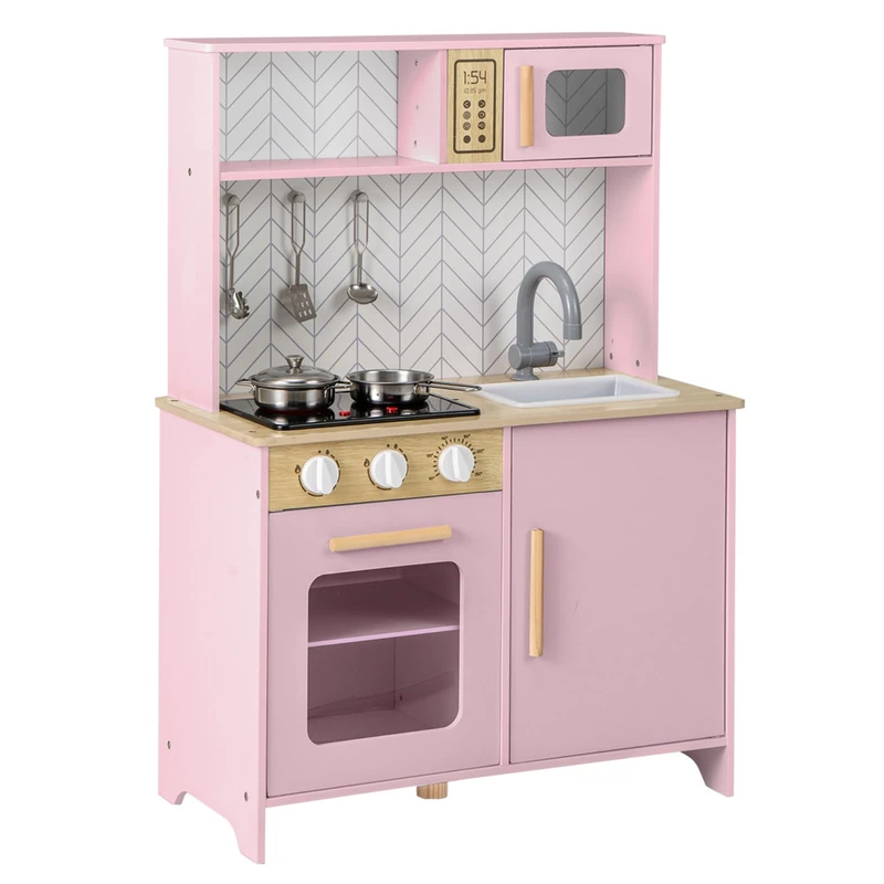 GYMAX Kids Play Kitchen, Wooden Toy Kitchen (Pink)