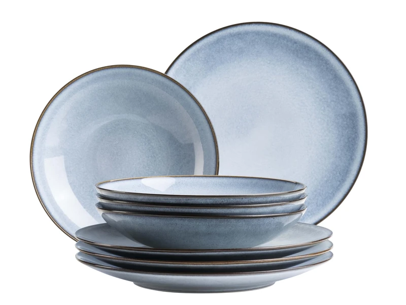 Mäser Smokys Series Tableware Set for 4 People, 8-Piece Dinner Service in Scandi Look, Stoneware, Blue