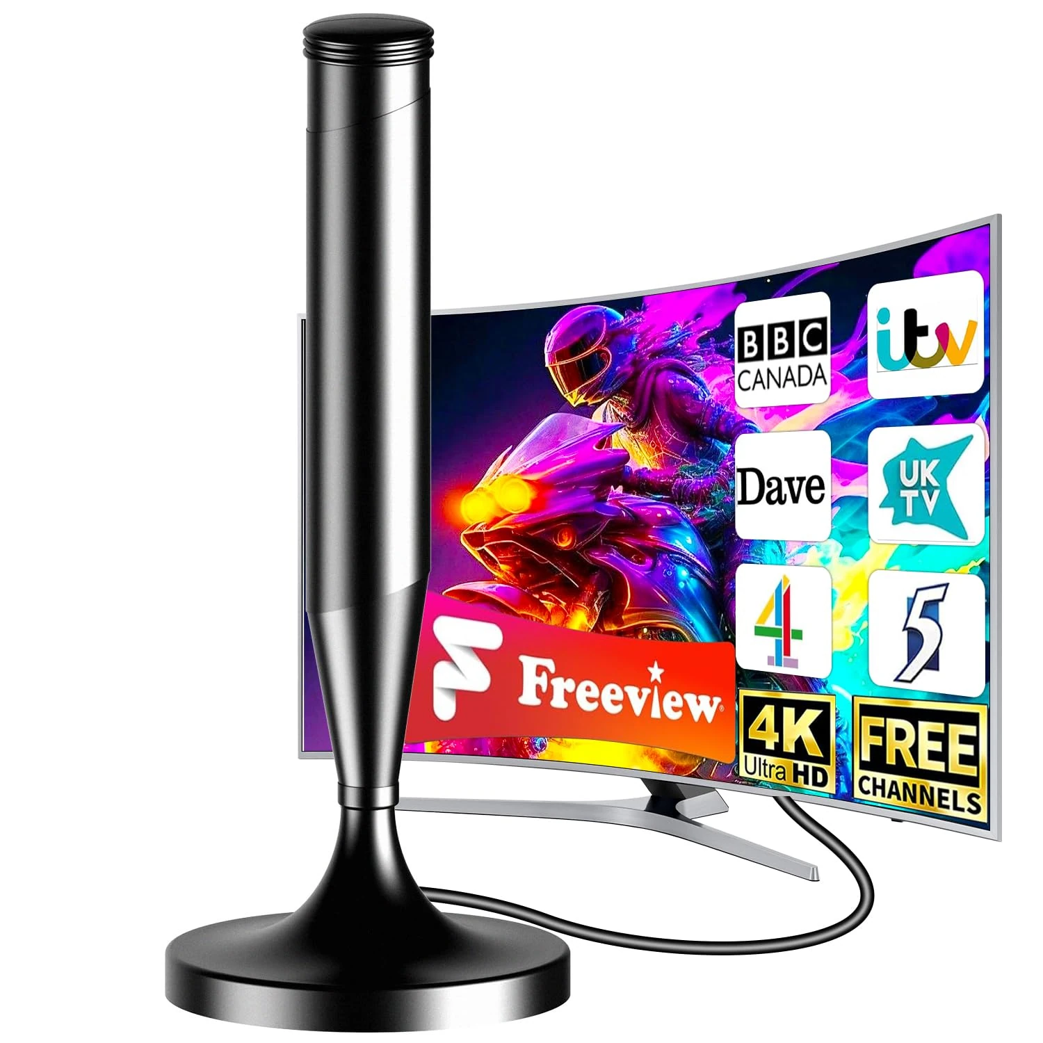 Indoor TV Aerial for Freeview – 560+ Miles Long Range Reception, 360° Digital TV Aerial with Magnetic Base, Supports HD Channels VHF/UHF/DAB Radio, Easy Installation