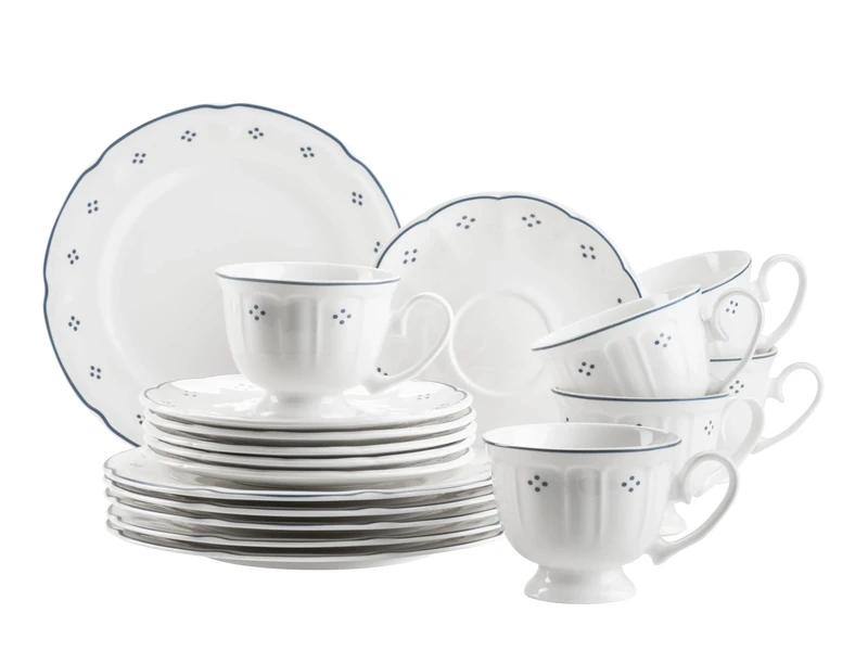 Mäser Lova Series 18-Piece Porcelain Coffee Set - 6 Dessert Plates 19.5 cm, 6 Cups 19 cl & 6 Saucers 15.5 cm, Blue