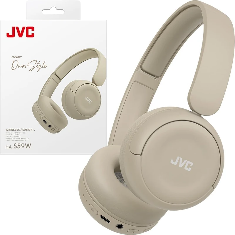 JVC Wireless Headphones with 50H Battery Life, Soft Cushions, Foldable Design, Bluetooth 5.3, Multipoint Connection, App EQ, Built-in Mic – Matte Beige - HAS59WC