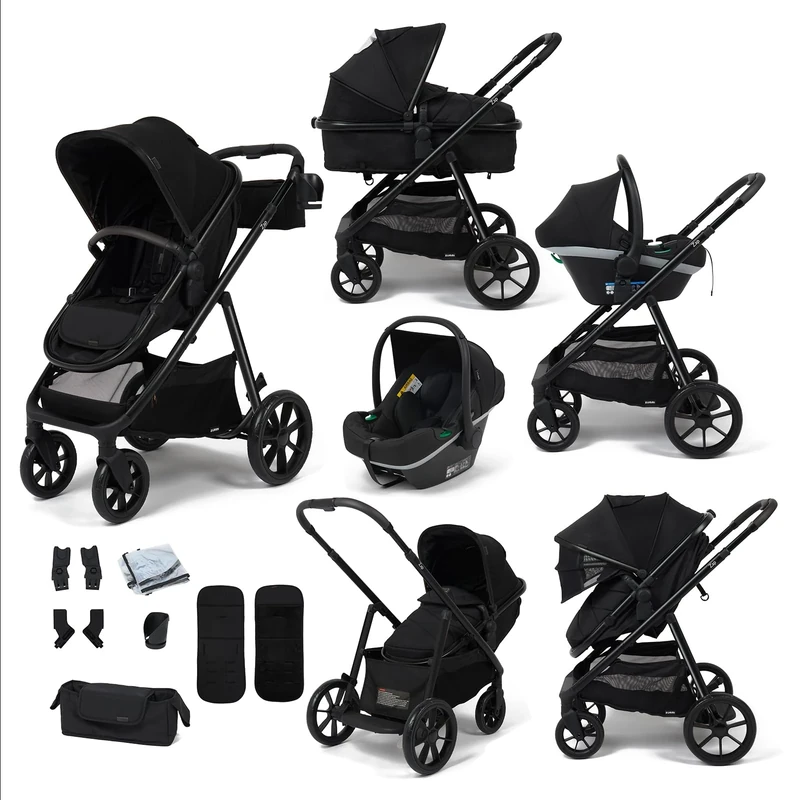 Babylo Zap Travel System with i-Size Infant Carrier, Ride-on Board, Organiser and Cup Holder, from Birth up to 22 kg, Black/on Black Chassis