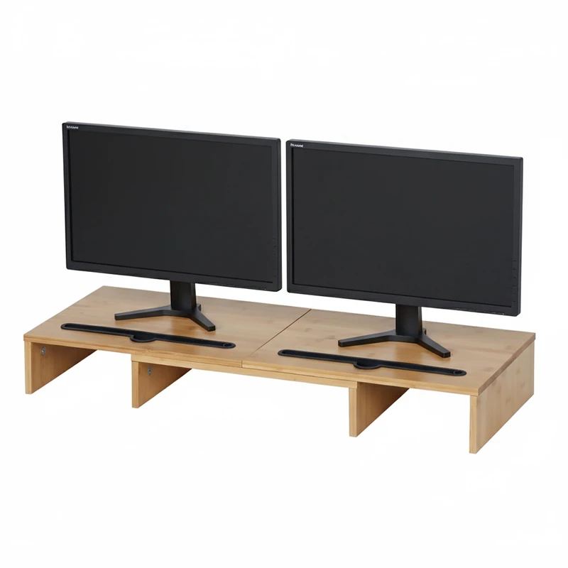 Relaxdays Monitor Stand for 2 Monitors, Adjustable Width 74–105 cm, Ergonomic Bamboo Shelf, Natural Color