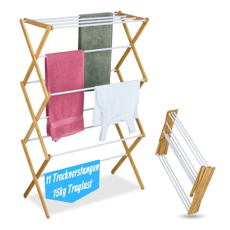 Relaxdays collapsible drying rack, 11 rods, HxWxD: 115 x 73 x 33 cm, bamboo, metal, tower rack, natural/white