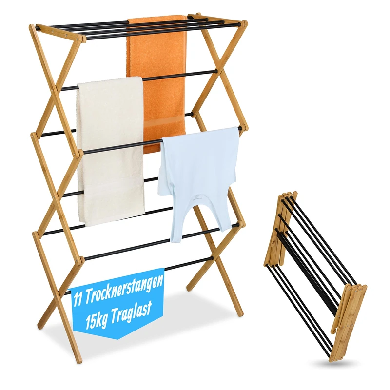 Relaxdays folding clothes dryer, 11 rails, HxWxD: 115 x 73 x 33 cm, bamboo, metal, tower dryer, natural/black