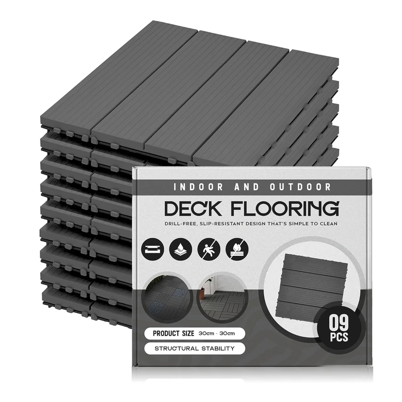LEDSone 9 Pcs Decking Tiles Dark Grey Terrace 30cm x 30cm