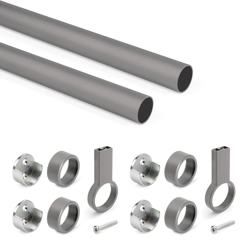 Emuca - Lot of 2 round wardrobe rails D.28mm length 1.15m with Supports, Aluminium and Zamak, Titanium - Image 1