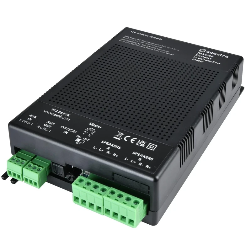 Adastra | IWA460B In-Wall Bluetooth Amplifier | 4-Channel 4 x 60W @ 4Ω Multi-Zone Class-D Stereo Amp with Bluetooth, Optical & Aux Inputs | Compact Wall-Mounted Audio for Multi-Room Music & PA