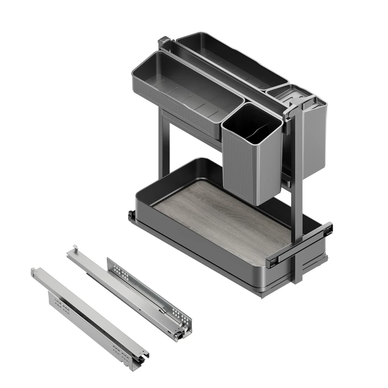 Emuca - Harmony pull-out rack with baskets and accessories with soft closing, Module width 300mm height 700mm, Steel and Wood, Anthracite grey