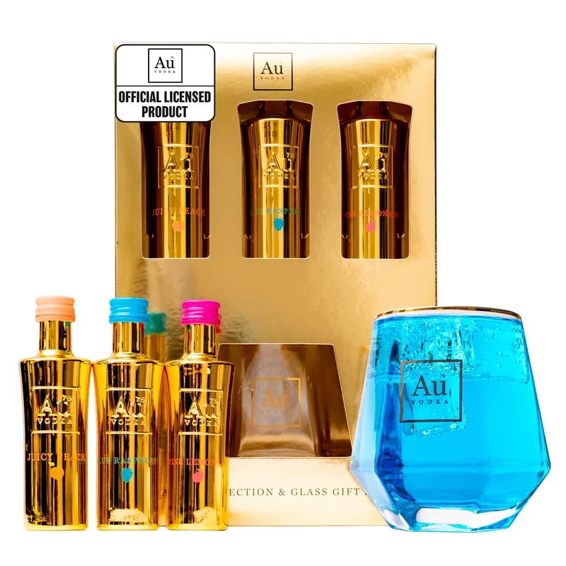 Au Vodka Gift Set - Blue Raspberry, Juicy Peach & Pink Lemonade Flavoured Vodka 5cl Minis & Diamond Cut Gold Glass - Official Licensed - Birthday Gifts for Men and Women - Alcohol Gift Set, Valentines