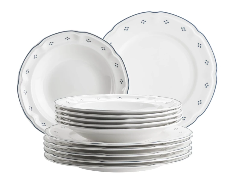 Mäser Lova Series 12-Piece Porcelain Dinner Set - 6 Dinner Plates 26 cm & 6 Soup Plates 22 cm - Blue
