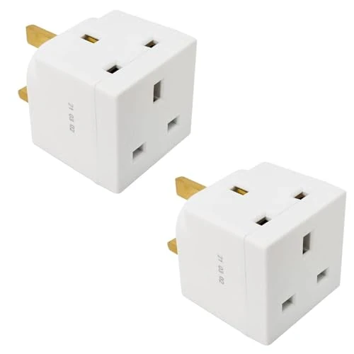 2 Way 3 Pin Power Adapter Plug Splitter 13A Fused Cube Electric Multi Wall Plug Uk Socket Extensions 250V Power Extender For Kitchen Home Office & Indoor Lighting (Pack Of 2)