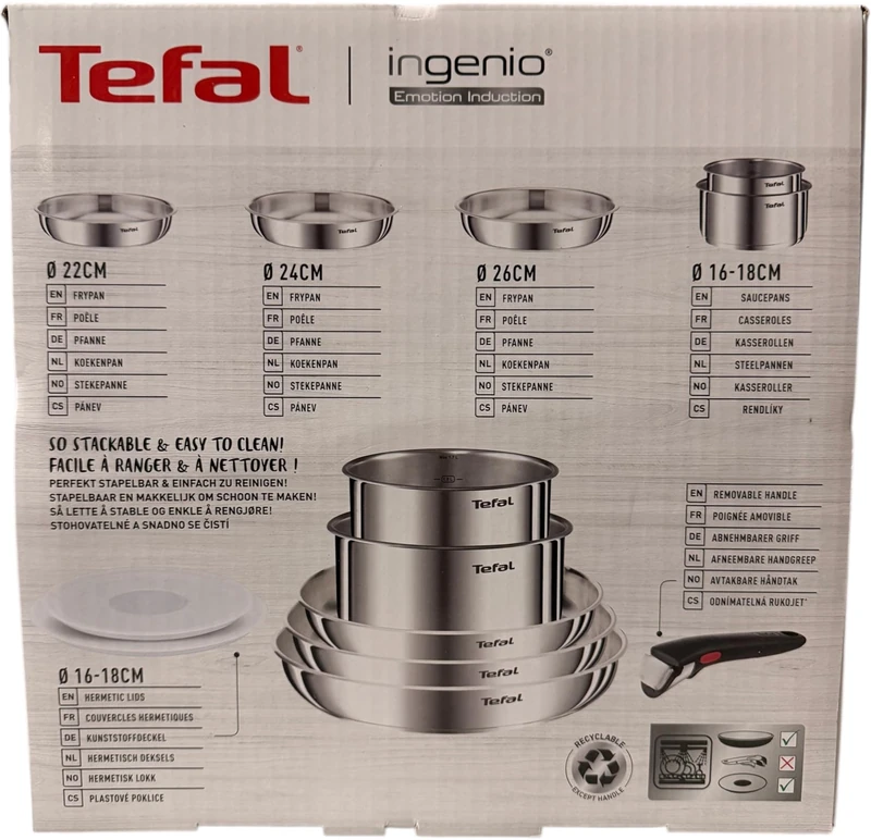 Tefal Ingenio Emotion Set of 3 Frying Pans 22/26/28 cm + 2 Saucepans 16/18 cm + Removable Handle + 2 Accessories, Induction Safe, Non-Stick, Dishwasher and Oven Safe