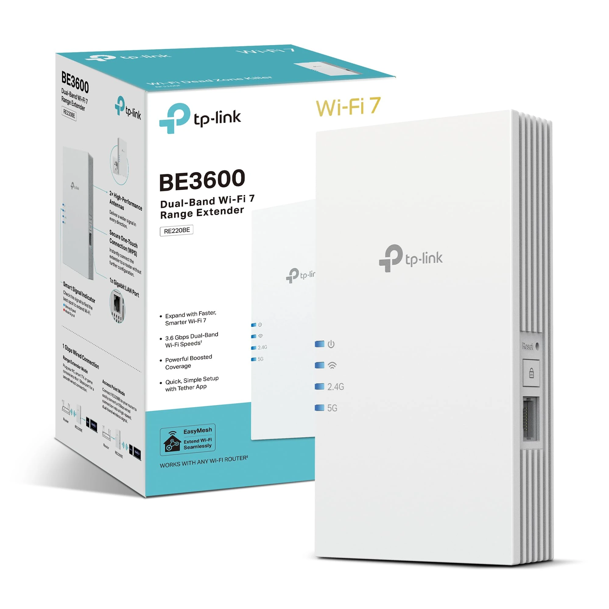 TP-Link RE220BE BE3600 WiFi Extender Booster,WiFi 7 Dual Band WiFi Booster with Ethernet Port,WiFi Extender with MLO/4K-QAM/Roaming,EasyMesh Internet Booster,APP control,Plug and Play