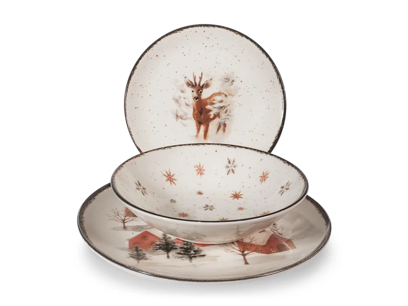 H&H Fairy Tale Charm 18 Piece Stoneware Dinner Set - Winter and Christmas Decoration - Dinner Plates 26cm, Bottoms 20.5cm, Fruit 20cm - Dishwasher Safe, Microwave Safe