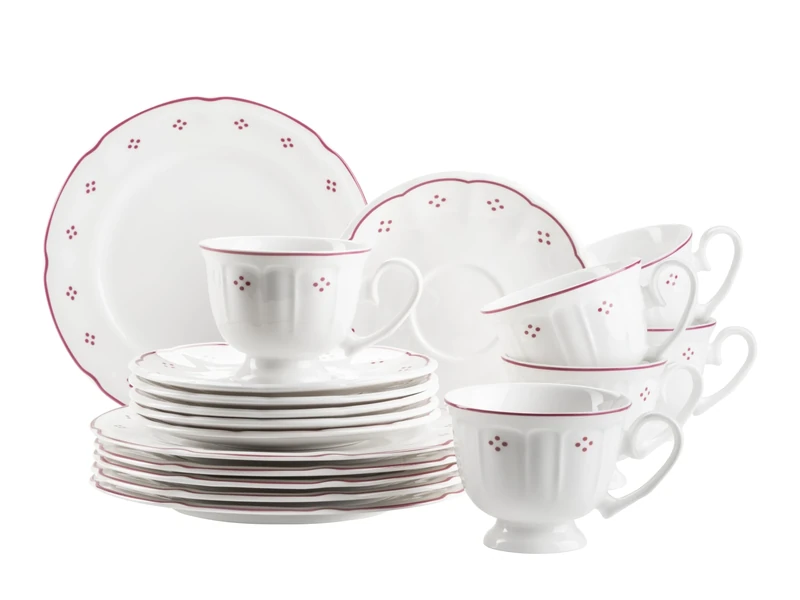 Mäser Lova Series 18-Piece Porcelain Coffee Set - 6 Dessert Plates 19.5 cm, 6 Cups 19 cl & 6 Saucers 15.5 cm, Red