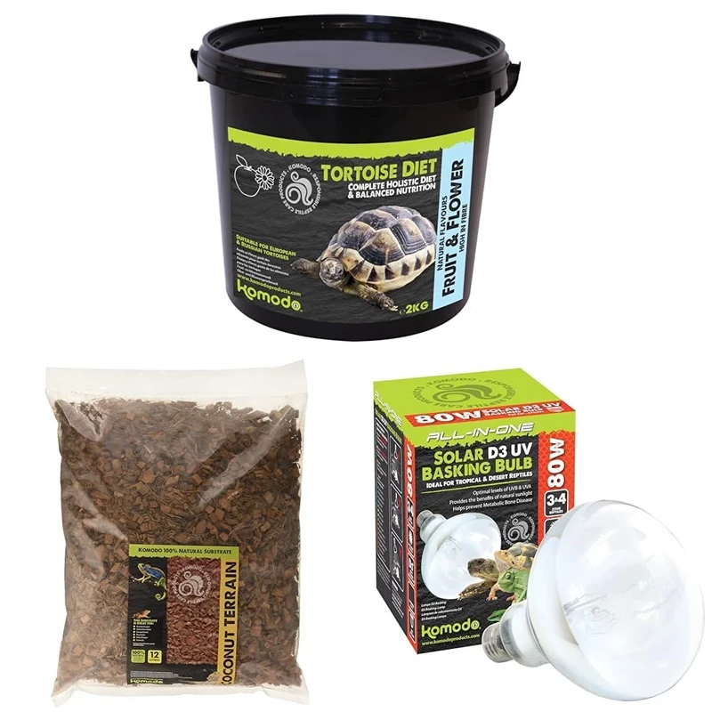 Komodo Complete Holistic Tortoise Diet Fruit & Flower 2 kg + Coconut Terrain Substrate 12 Litre + Solar D3 UV Basking Bulb 80W