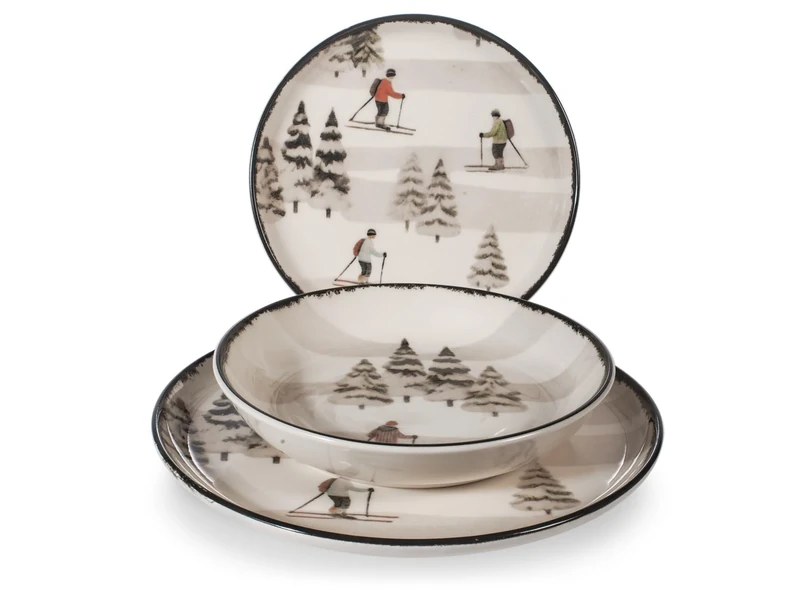 H&H Retro Skier 18-Piece Dinner Set - Christmas Winter Plates - 6 Dinner Plates 26cm, 6 x 20.5cm Bottoms, 6 x Fruit 20cm - Dishwasher Safe, Microwave Safe