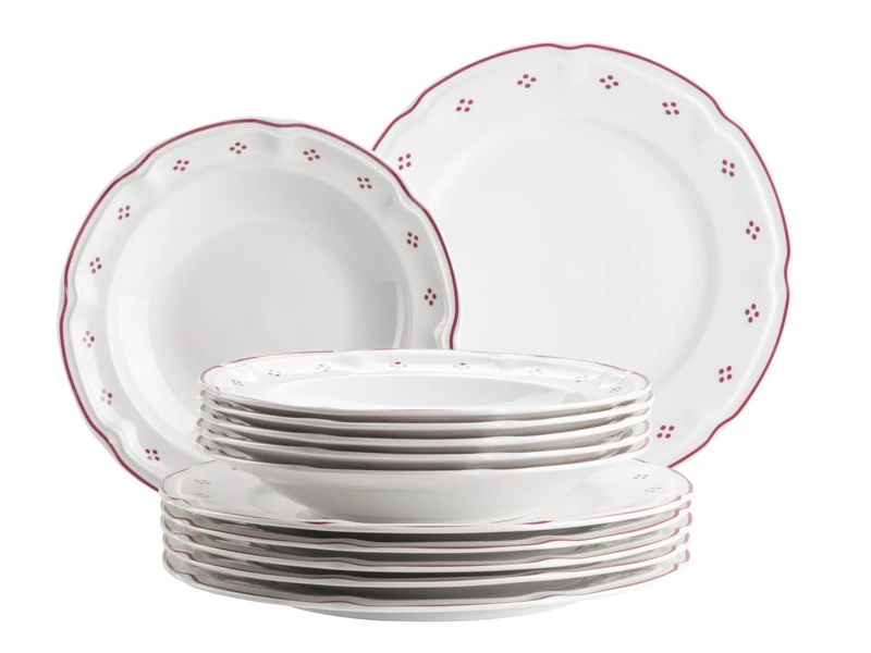 Mäser Lova Series 12-Piece Porcelain Dinner Service - 6 Dinner Plates 26 cm & 6 Soup Plates 22 cm - Red