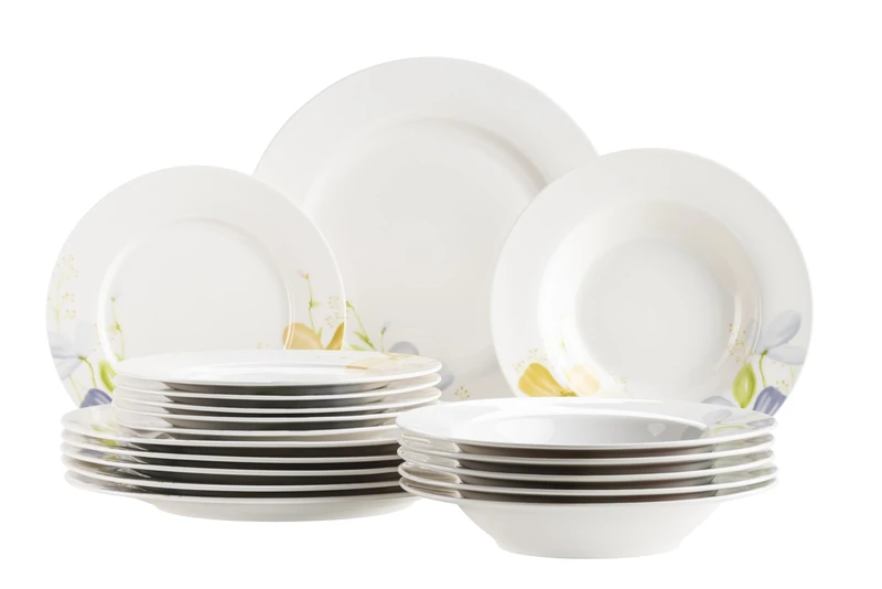 MÄSER 934497 Zibal Series Plate Set for 6 People, 18-Piece Crockery Set with Dinner Plates, Soup Plates, Dessert Plates, Floral Pattern, Porcelain, White