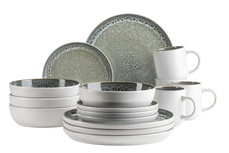 MÄSER Malea Series 16-Piece Crockery Set for 4 People in Vintage Look Green with Dark Speckles Stoneware