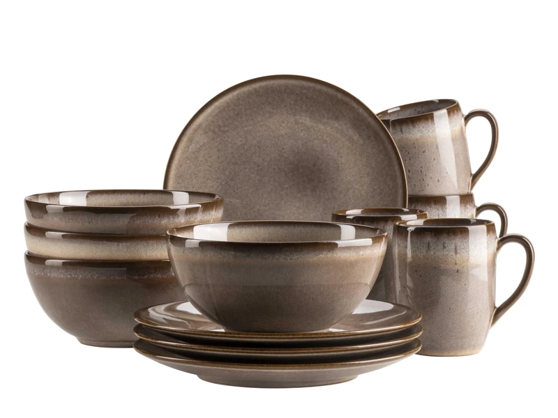 Mäser Smokys Series Crockery Set for 4 People, 12-Piece Breakfast Set in Scandi Look, Stoneware, Brown