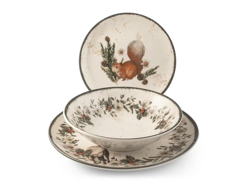 H&H Garland 18 Piece Stoneware Decorated Dinner Set - Winter, Montano and Christmas Style - Fruit Plate with Squirrel, Garland on Flat and Bottom Plates - Washable, Microwave
