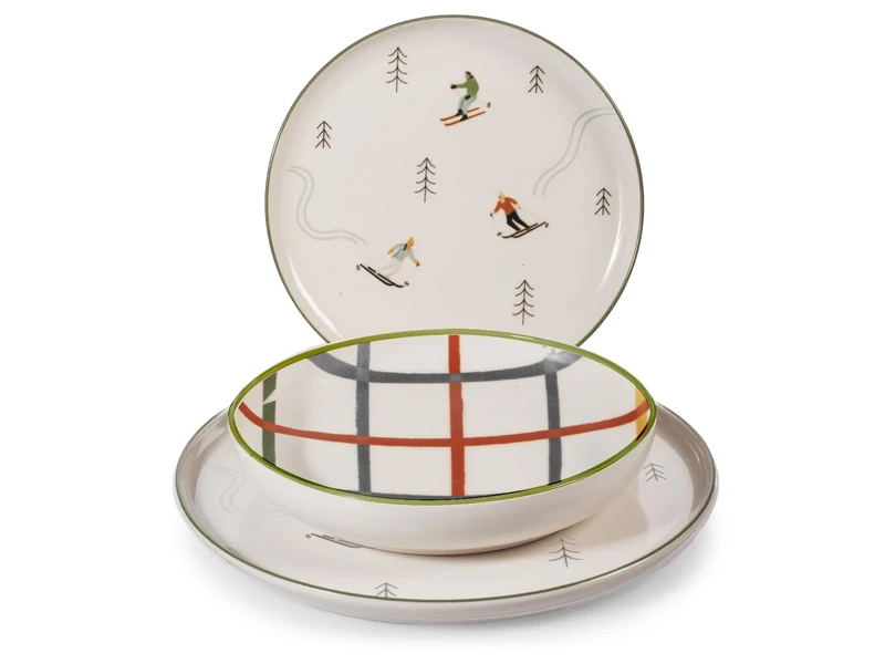 H&H 18-Piece Ski Holiday Stoneware Table Set Decorated - Winter and Christmas Style - Plates with Skiers and Paintings - Dishwasher Safe, Microwave - Diameter 26, 20.5, 20 cm