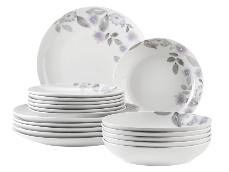 MÄSER 934136 Sono Series Plate Set for 6 People, 18-Piece Dinner Set with Dinner Plates, Soup Plates, Dessert Plates, Floral Print, Modern Floral Pattern, Porcelain, White
