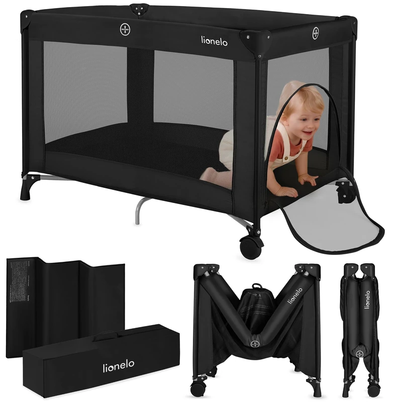 lionelo Compact Travel Cot AMELIE 100 x 70 x 65 cm 2-in-1 Crib & Playpen from Birth to 36 Months Lightweight Foldable Baby Cot with Mattress Side Zipper Entry Mesh Sides & Bag Wheels (AMELIE, Black)
