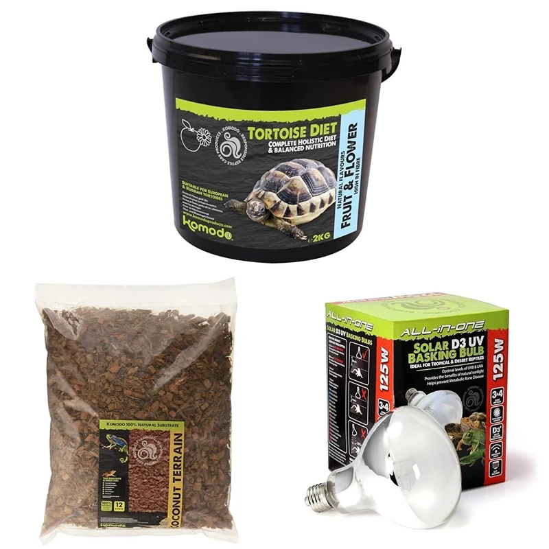 Komodo Complete Holistic Tortoise Diet Fruit & Flower 2 kg + Coconut Terrain Substrate 12 Litre + Solar D3 UV Basking Bulb 80W