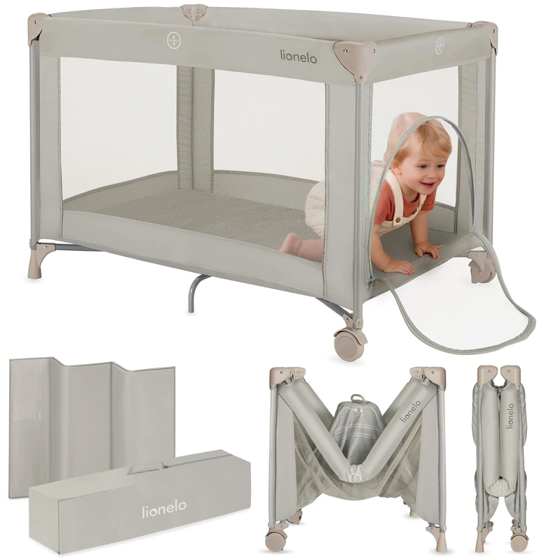 lionelo Compact Travel Cot AMELIE 100 x 70 x 65 cm 2-in-1 Crib & Playpen from Birth to 36 Months Lightweight Foldable Baby Cot with Mattress Side Zipper Entry Mesh Sides & Bag Wheels (AMELIE, Beige)