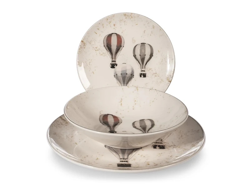 H&H Frosty Sky Christmas/Winter/Autumn 18 Piece Stoneware Decorated Dinner Set - Hot Air Balloons - 6 Tiers, 6 Bases, 6 Fruits - Dishwasher and Microwave Safe