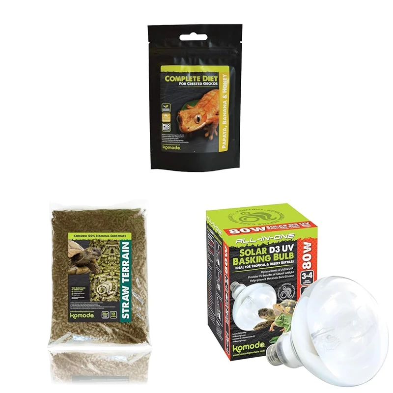 Komodo Crested Gecko Complete Diet Papaya Banana & Honey 60 g + Straw Terrain Substrate 12 Litre + Solar D3 UV Basking Bulb 80W