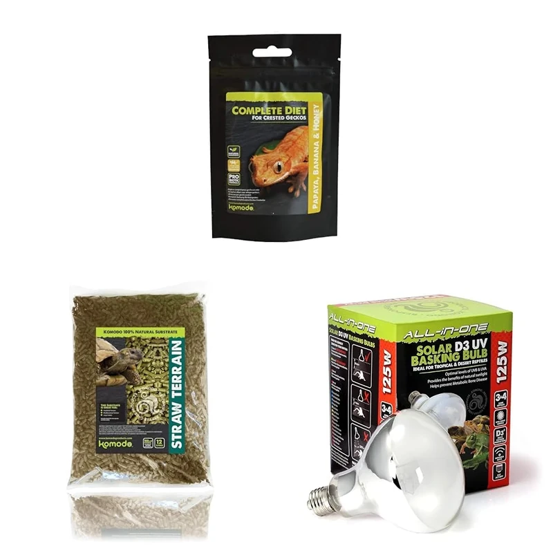 Komodo Crested Gecko Complete Diet Papaya Banana & Honey 60 g + Straw Terrain Substrate 12 Litre + Solar D3 UV Basking Bulb 125W