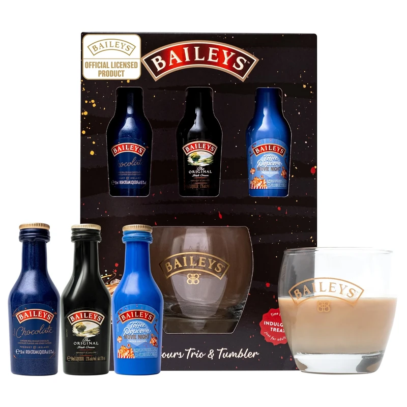 Baileys Gift Set - Original Irish Cream Liqueur, Chocolate, Toffee Popcorn x3 Alcohol Miniatures 5cl Bottles and Glass - Birthday Alcohol Gift Sets for Women, Men, Mum Gifts for Birthday, Valentines